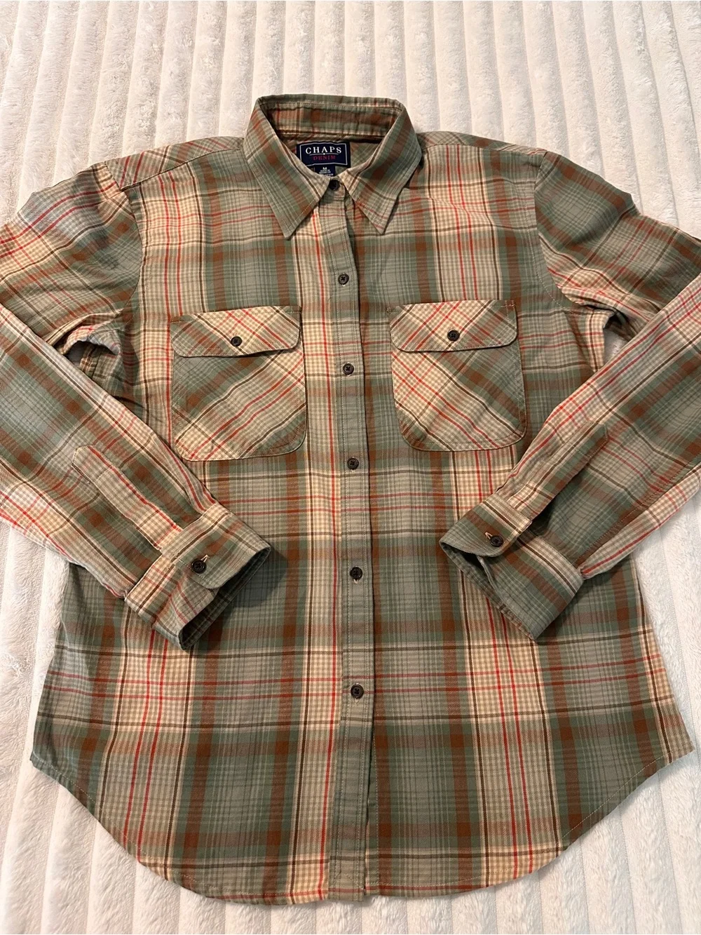 VINTAGE Ralph Lauren Chaps Men's Plaid Cotton Shirt in Olive and Tan